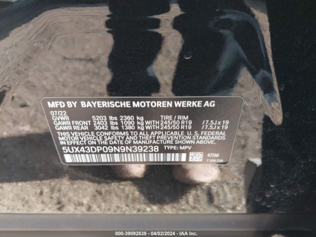5UX43DP09N9N39238 BMW X3 Sdrive30i