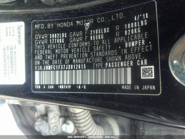 Honda Civic Ex-t 2018 JHMFC1F37JX012615 Image 9