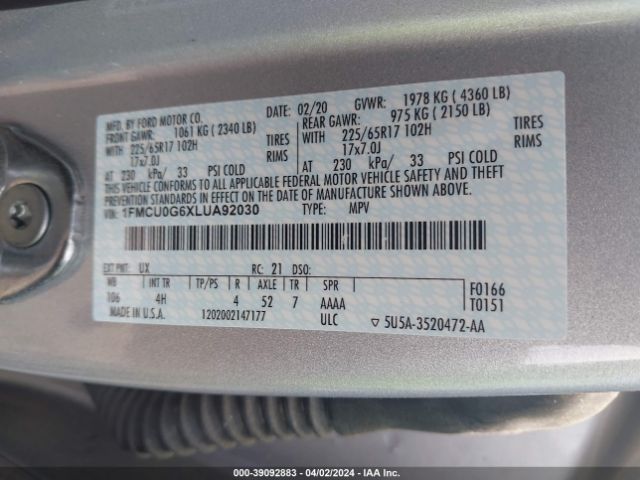 1FMCU0G6XLUA92030 Ford ESCAPE SE