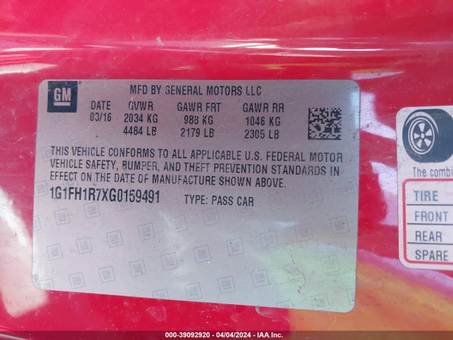 Chevrolet CAMARO 2SS 2016 1G1FH1R7XG0159491 Image 9