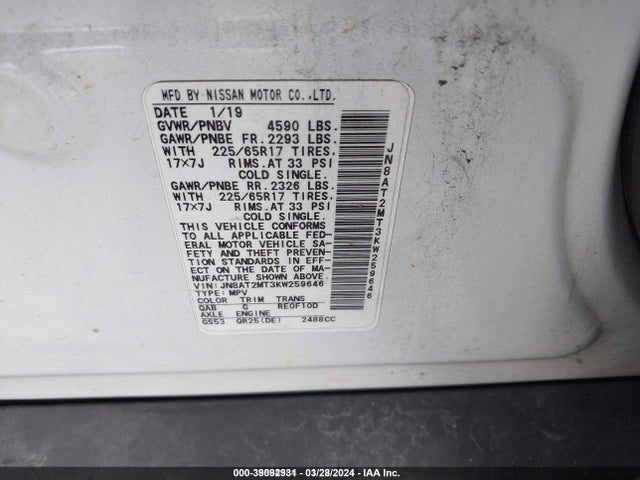 Nissan ROGUE SV 2019 JN8AT2MT3KW259646 Image 9