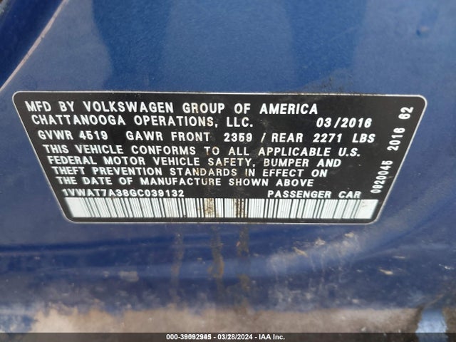 1VWAT7A38GC039132 Volkswagen Passat 1.8t S