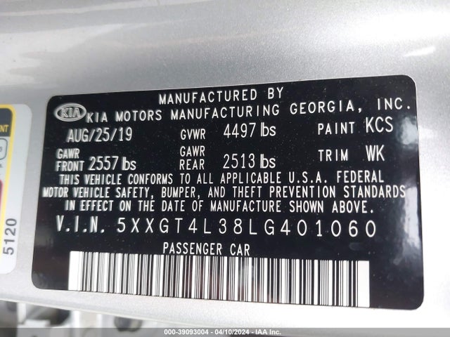 KIA Optima Lx 2020 5XXGT4L38LG401060 Image 9