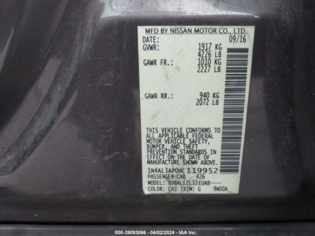 1N4AL3AP0HC119952 Nissan Altima 2.5/2.5 S/2.5 Sl/2.5 Sr/2.5 Sv