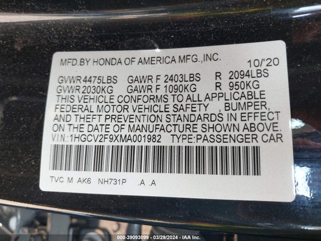 Honda Accord Touring 2021 1HGCV2F9XMA001982 Image 9
