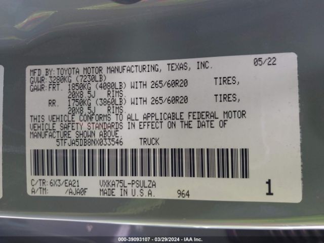 5TFJA5DB8NX033546 Toyota Tundra Limited