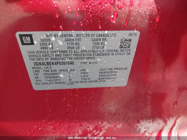 Chevrolet EQUINOX 1LT 2015 2GNALBEK4F6391646 Image 9