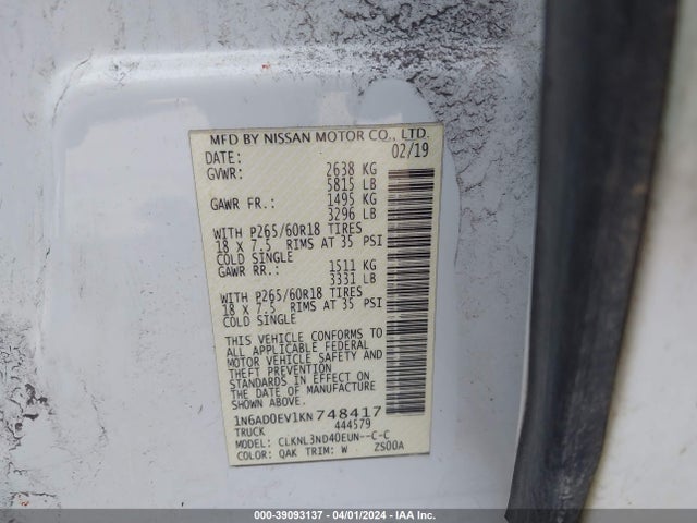 Nissan Frontier Sl 2019 1N6AD0EV1KN748417 Image 9
