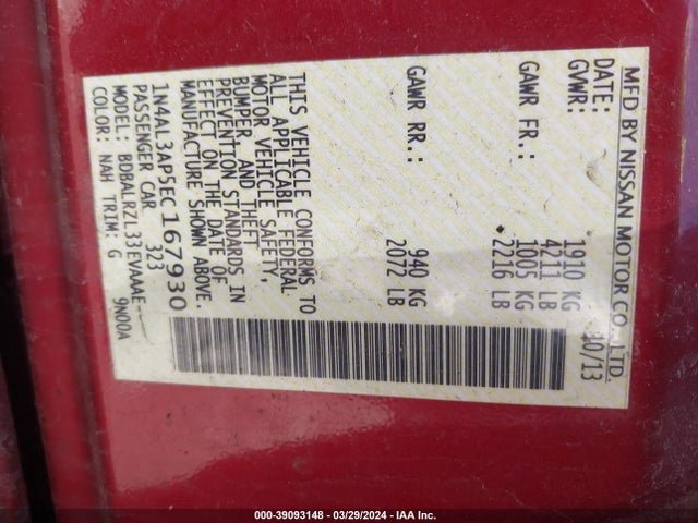 Nissan Altima 2.5 S 2014 1N4AL3AP5EC167930 Image 9