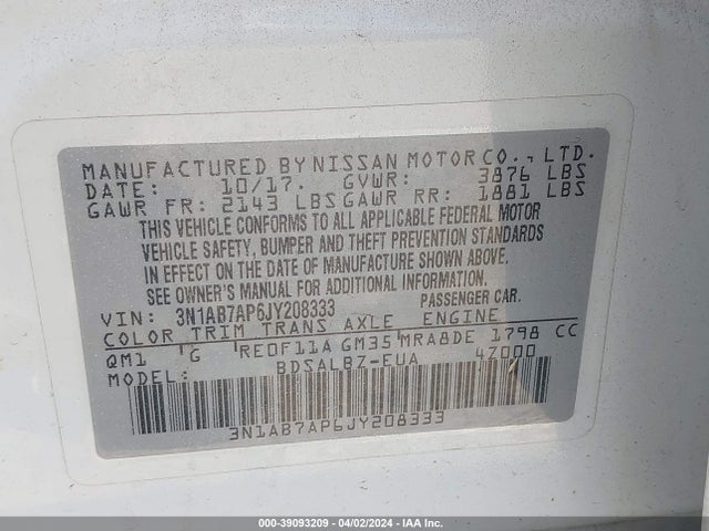 Nissan SENTRA S 2018 3N1AB7AP6JY208333 Image 9