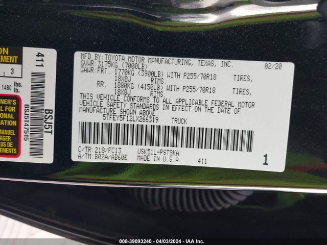 Toyota Tundra Sr5 2020 5TFEY5F12LX266319 Image 9