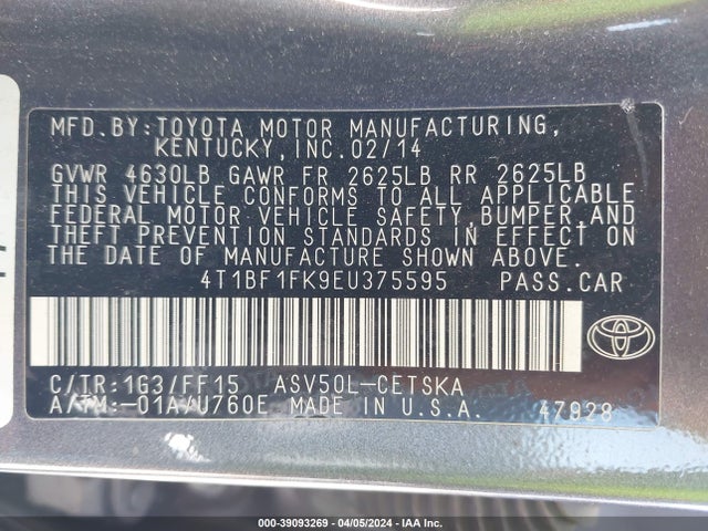 Toyota CAMRY SE 2014 4T1BF1FK9EU375595 Image 9