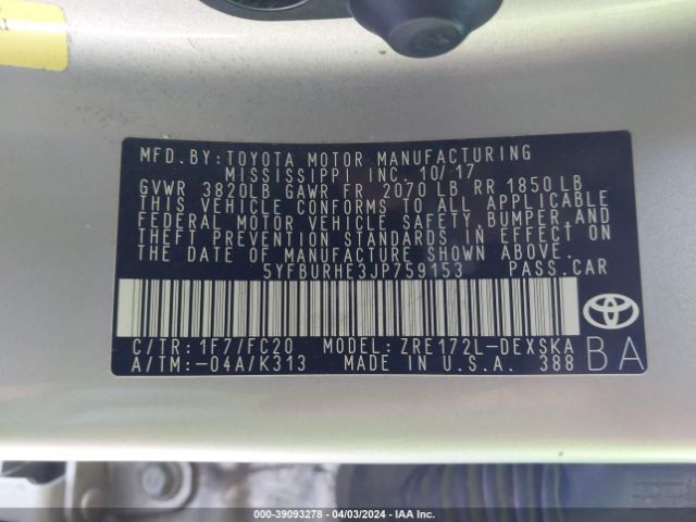 5YFBURHE3JP759153 Toyota COROLLA SE