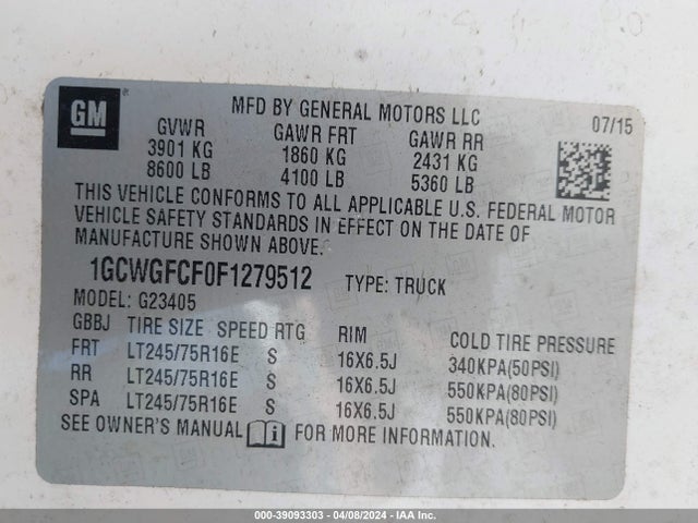 Chevrolet Express 2500 Work Van 2015 1GCWGFCF0F1279512 Image 9