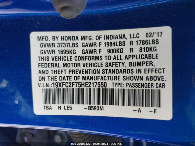 Honda CIVIC EX 2017 19XFC2F75HE217550 Image 9