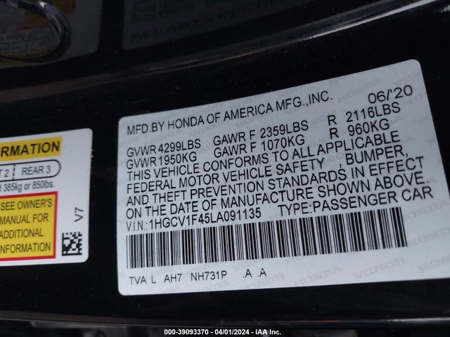 Honda ACCORD EX 2020 1HGCV1F45LA091135 Image 9
