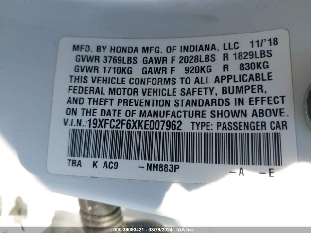 Honda Civic Lx 2019 19XFC2F6XKE007962 Image 9