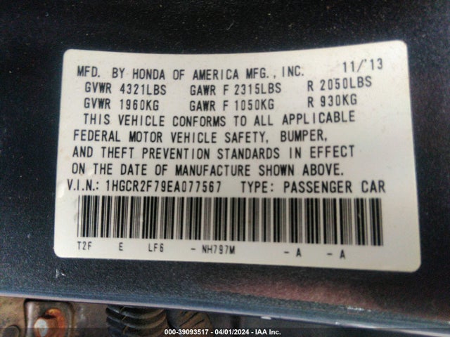 Honda ACCORD EX 2014 1HGCR2F79EA077567 Image 9