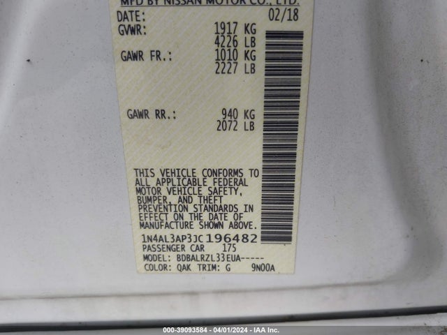 Nissan Altima 2.5 Sl 2018 1N4AL3AP3JC196482 Image 9