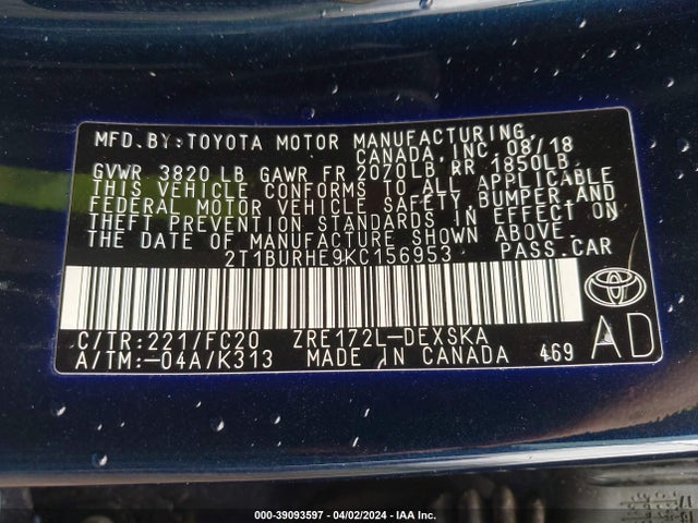 Toyota COROLLA SE 2019 2T1BURHE9KC156953 Image 9