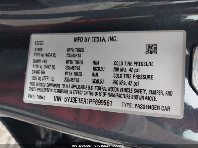 5YJ3E1EA1PF699561 Tesla Model 3 Rear-wheel Drive