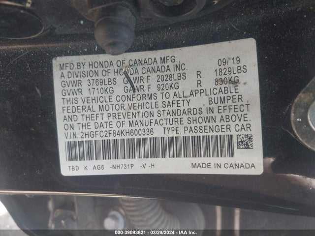 Honda Civic Sport 2019 2HGFC2F84KH600336 Image 9