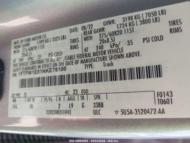 1FTFW1E81NKE78100 Ford F-150 Xlt