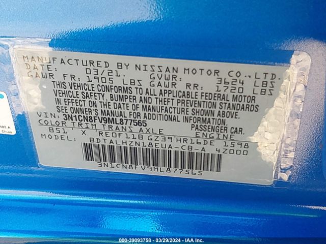 3N1CN8FV9ML877565 Nissan Versa Sr Xtronic Cvt
