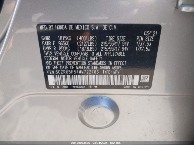 3CZRU5H54MM722786 Honda Hr-v 2wd Ex