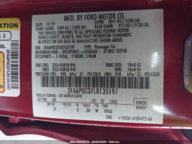 3FA6P0CD7LR135197 Ford FUSION SEL