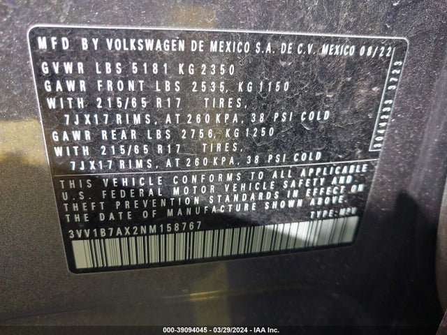 3VV1B7AX2NM158767 Volkswagen Tiguan 2.0t S