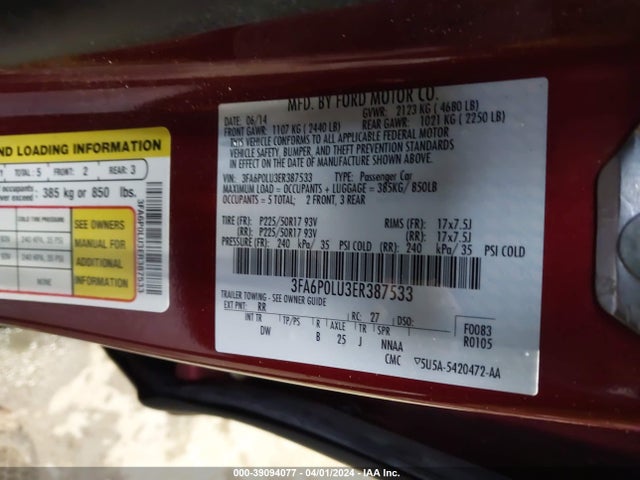 Ford Fusion Se Hybrid 2014 3FA6P0LU3ER387533 Image 9