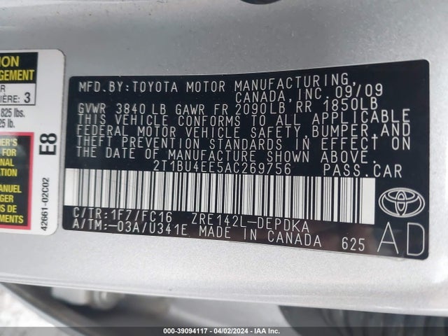 2010 Toyota Corolla Le მანქანა იყიდება აუქციონზე, vin: 2T1BU4EE5AC269756, აუქციონის ნომერი: 39094117