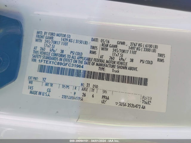 Ford F-150 Xl 2016 1FTEX1C89GFC31964 Image 9