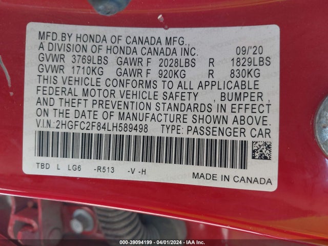 Honda Civic Sport 2020 2HGFC2F84LH589498 Image 9