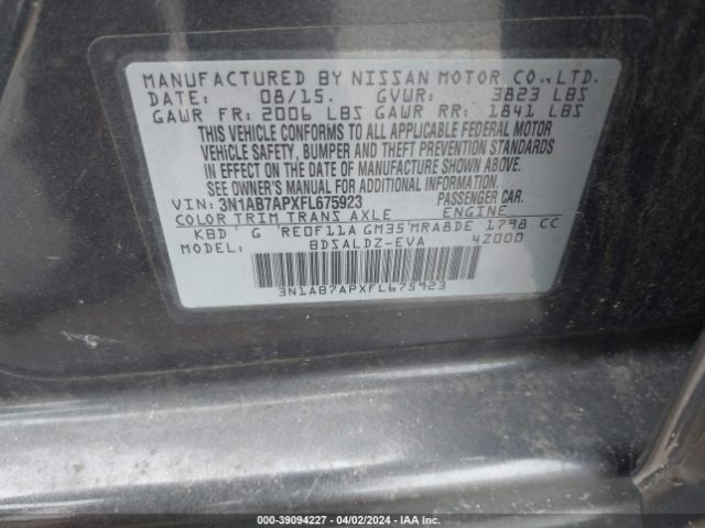 3N1AB7APXFL675923 Nissan SENTRA SV