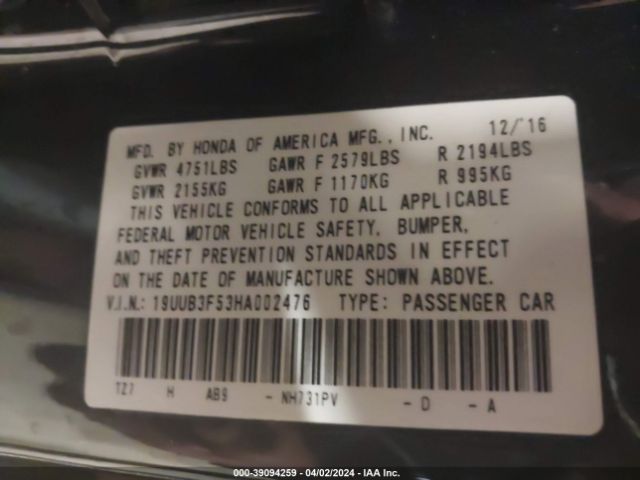 19UUB3F53HA002476 Acura Tlx Technology Package