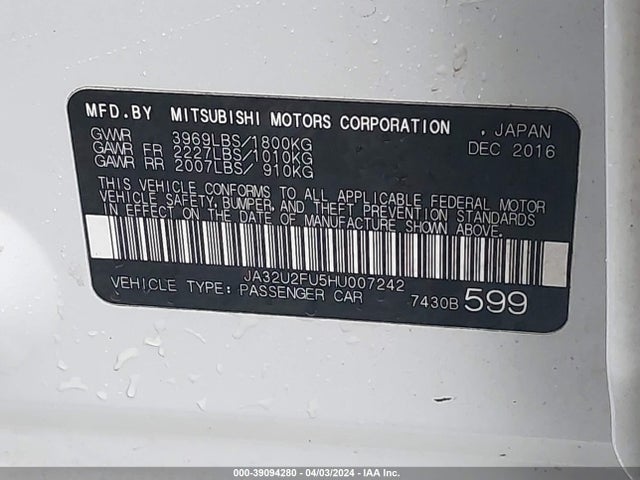 JA32U2FU5HU007242 Mitsubishi LANCER ES