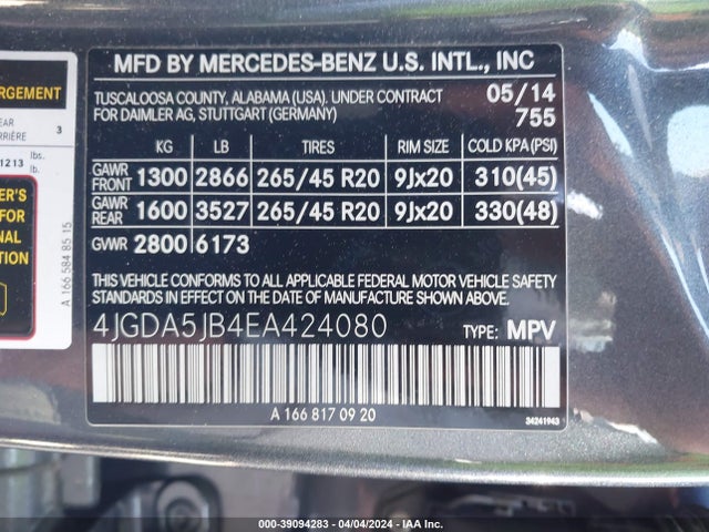 Mercedes-Benz ML 350 2014 4JGDA5JB4EA424080 Image 9