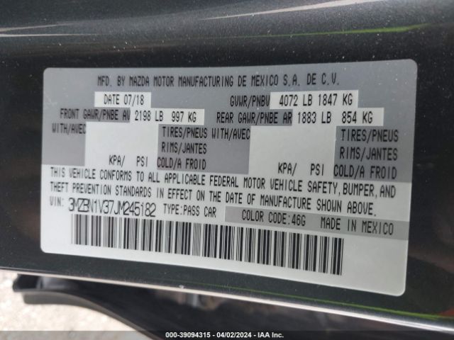 3MZBN1V37JM245182 Mazda Mazda3 Touring