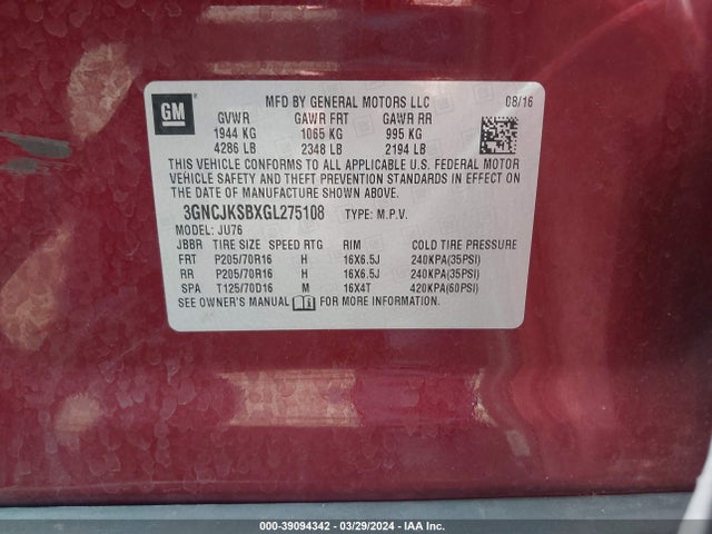 Chevrolet Trax 1ls 2016 3GNCJKSBXGL275108 Image 9