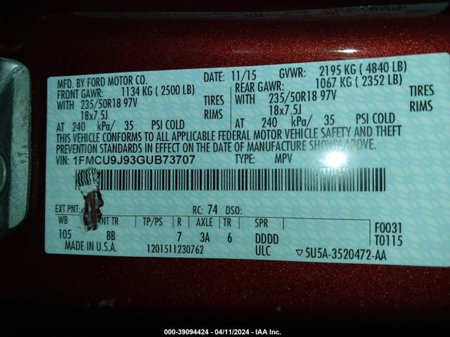 Ford Escape Titanium 2016 1FMCU9J93GUB73707 Image 9