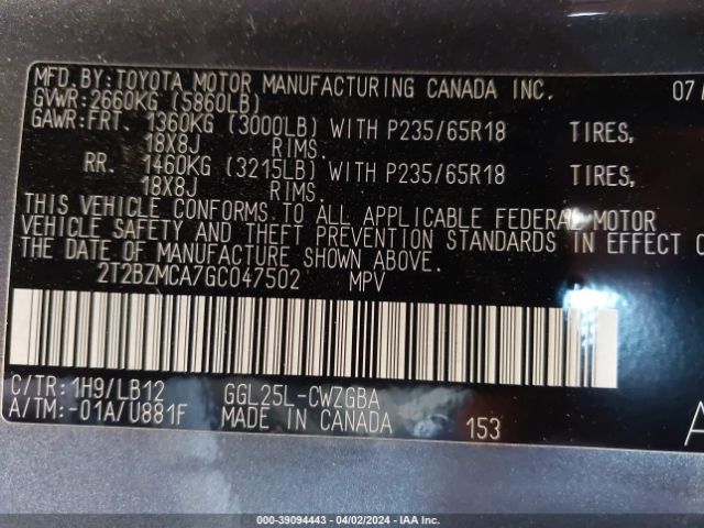 2T2BZMCA7GC047502 Lexus RX 350