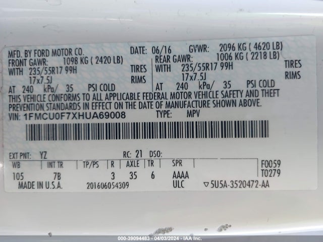 Ford ESCAPE S 2017 1FMCU0F7XHUA69008 Image 9