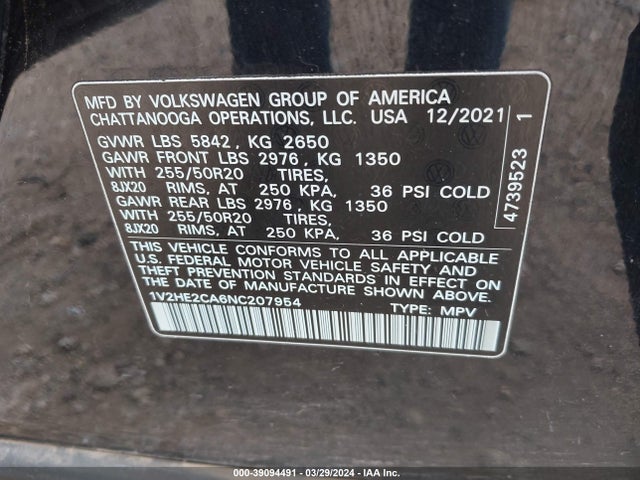 1V2HE2CA6NC207954 Volkswagen Atlas Cross Sport 3.6l V6 Se W/technology