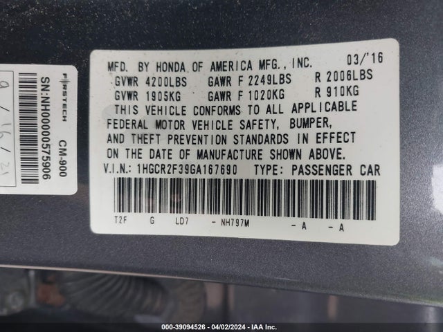 Honda ACCORD LX 2016 1HGCR2F39GA167690 Image 9