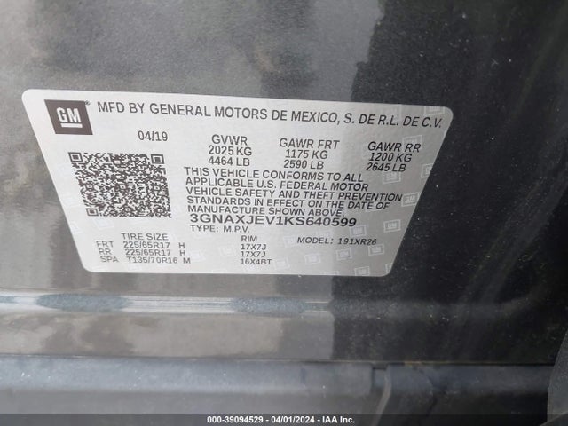 Chevrolet EQUINOX LT 2019 3GNAXJEV1KS640599 Image 9