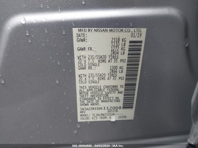 Nissan MURANO SL 2019 5N1AZ2MJ1KN112008 Image 9