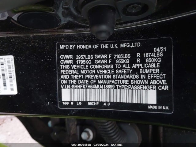 Honda CIVIC EX 2021 SHHFK7H64MU418699 Image 9