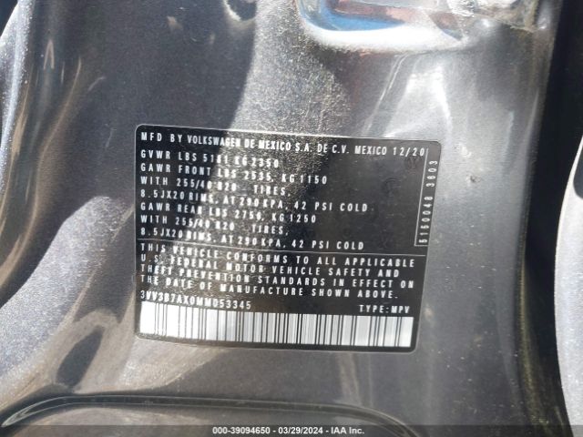 3VV3B7AX0MM053345 Volkswagen Tiguan 2.0t Se/2.0t Se R-line Black/2.0t Sel